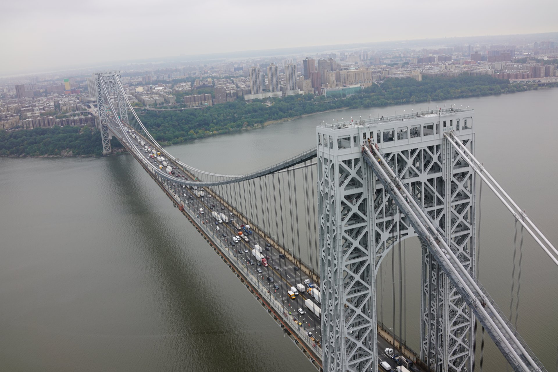 Drone view of George Washington Bridge suspension cables and tower structure