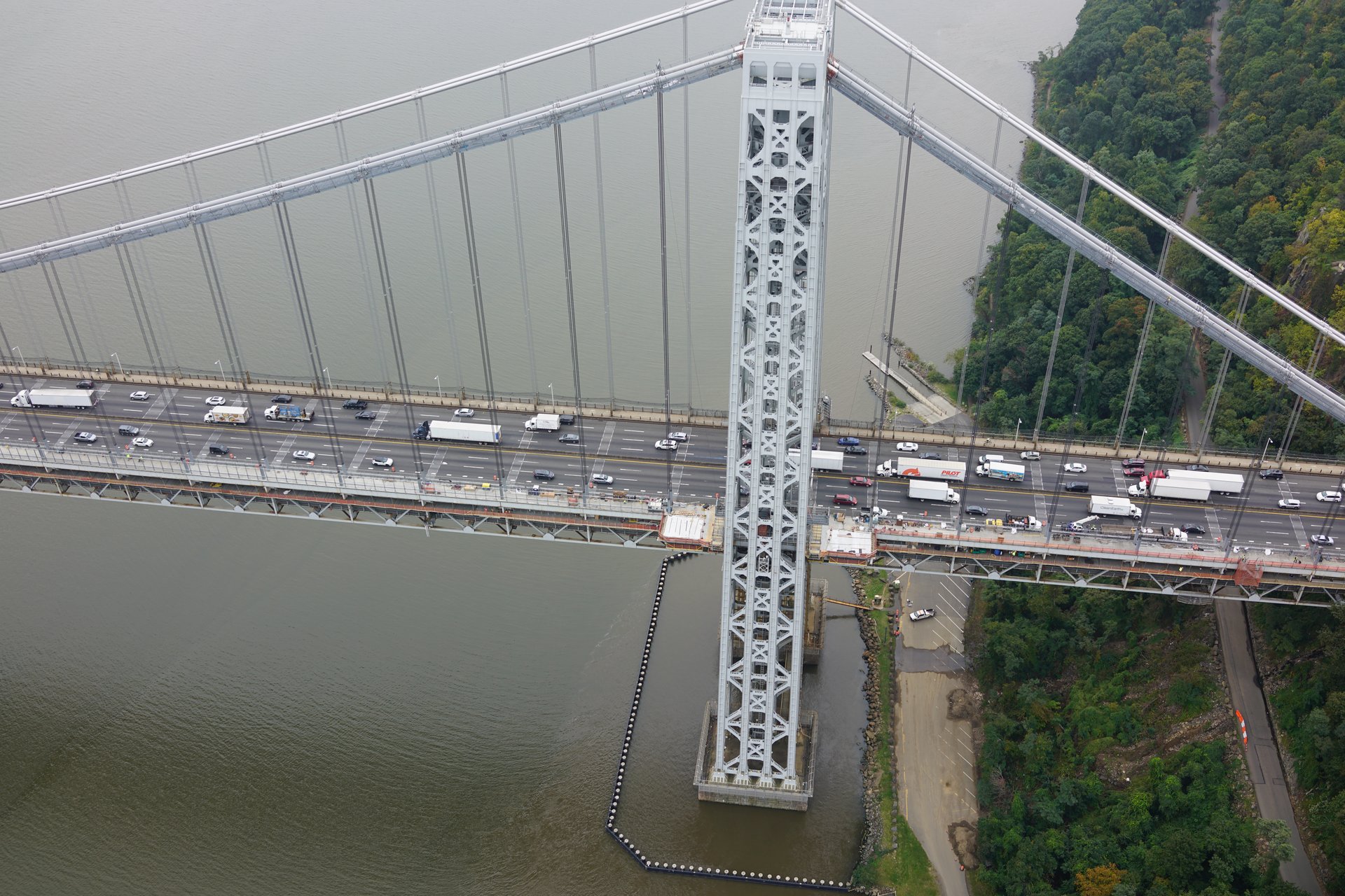 Drone inspection of George Washington Bridge tower and deck truss detail