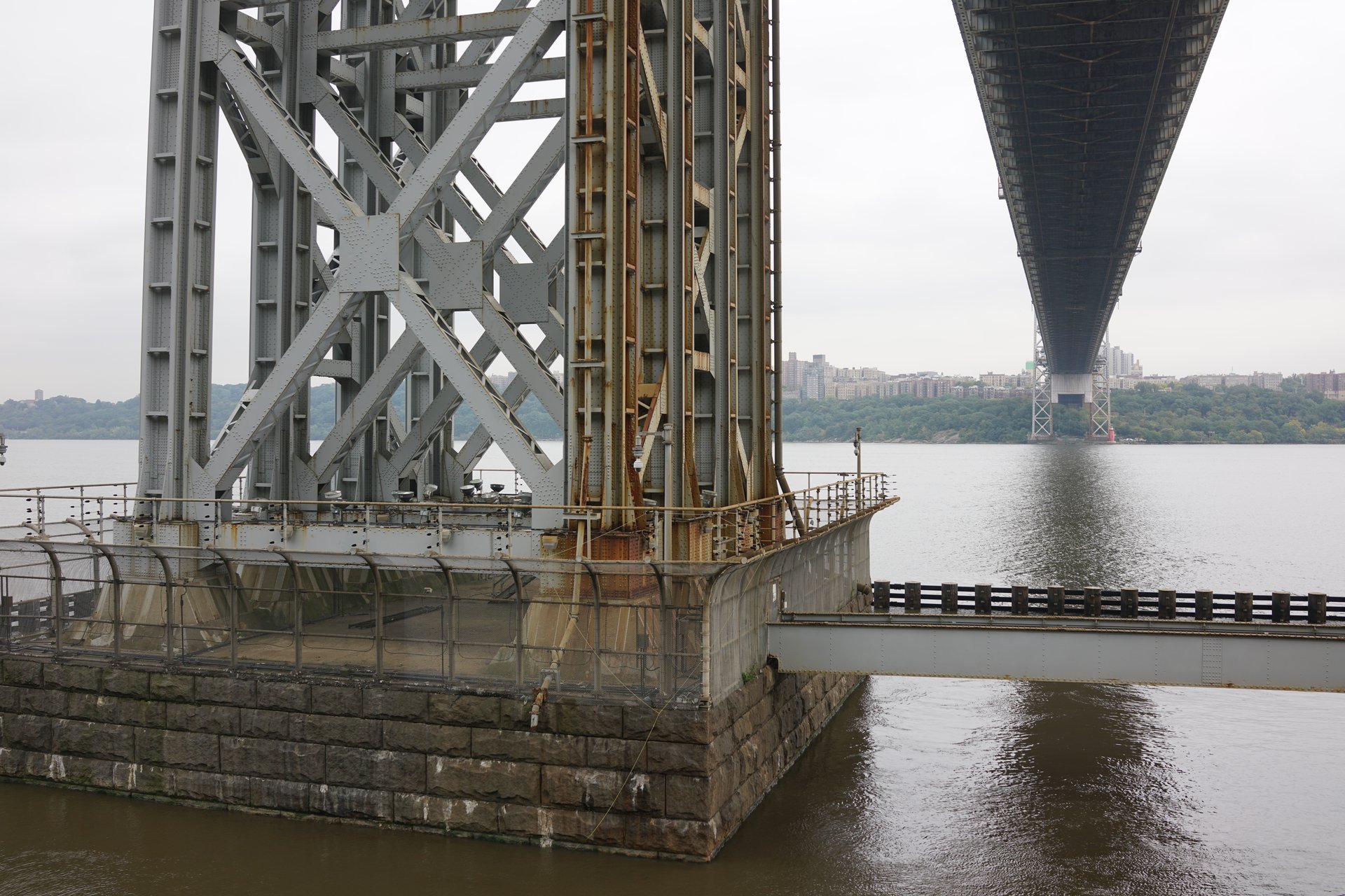 Drone close-up of George Washington Bridge steel structure and anchorage