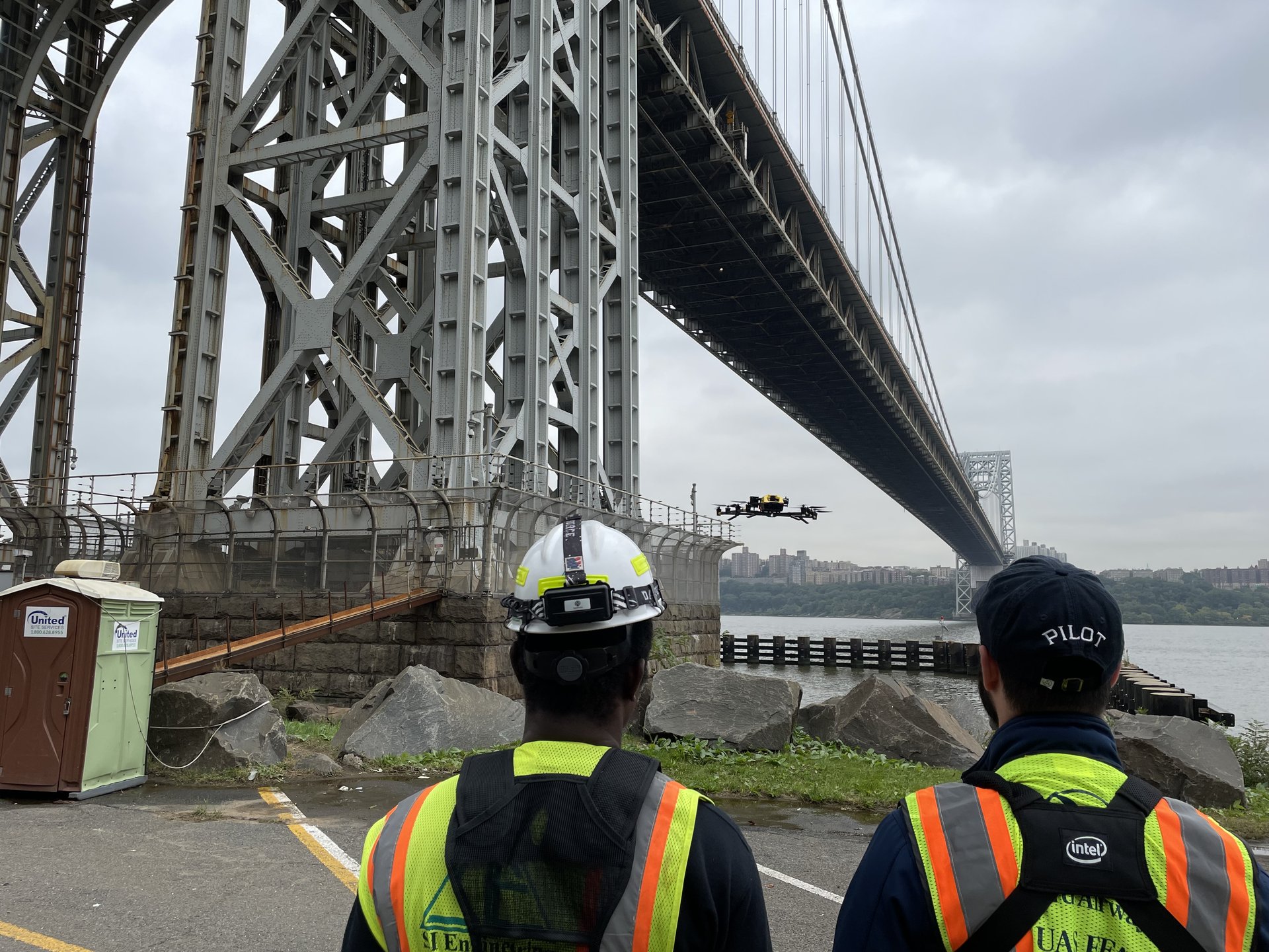 Drone inspection of the George Washington Bridge spanning the Hudson River
