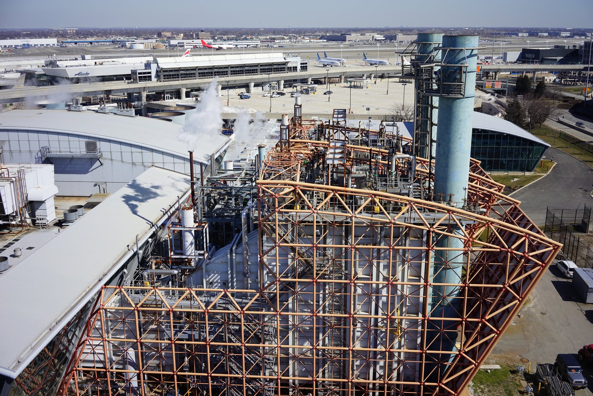 Aerial drone view of JFK Airport Cogeneration Plant in Queens, New York