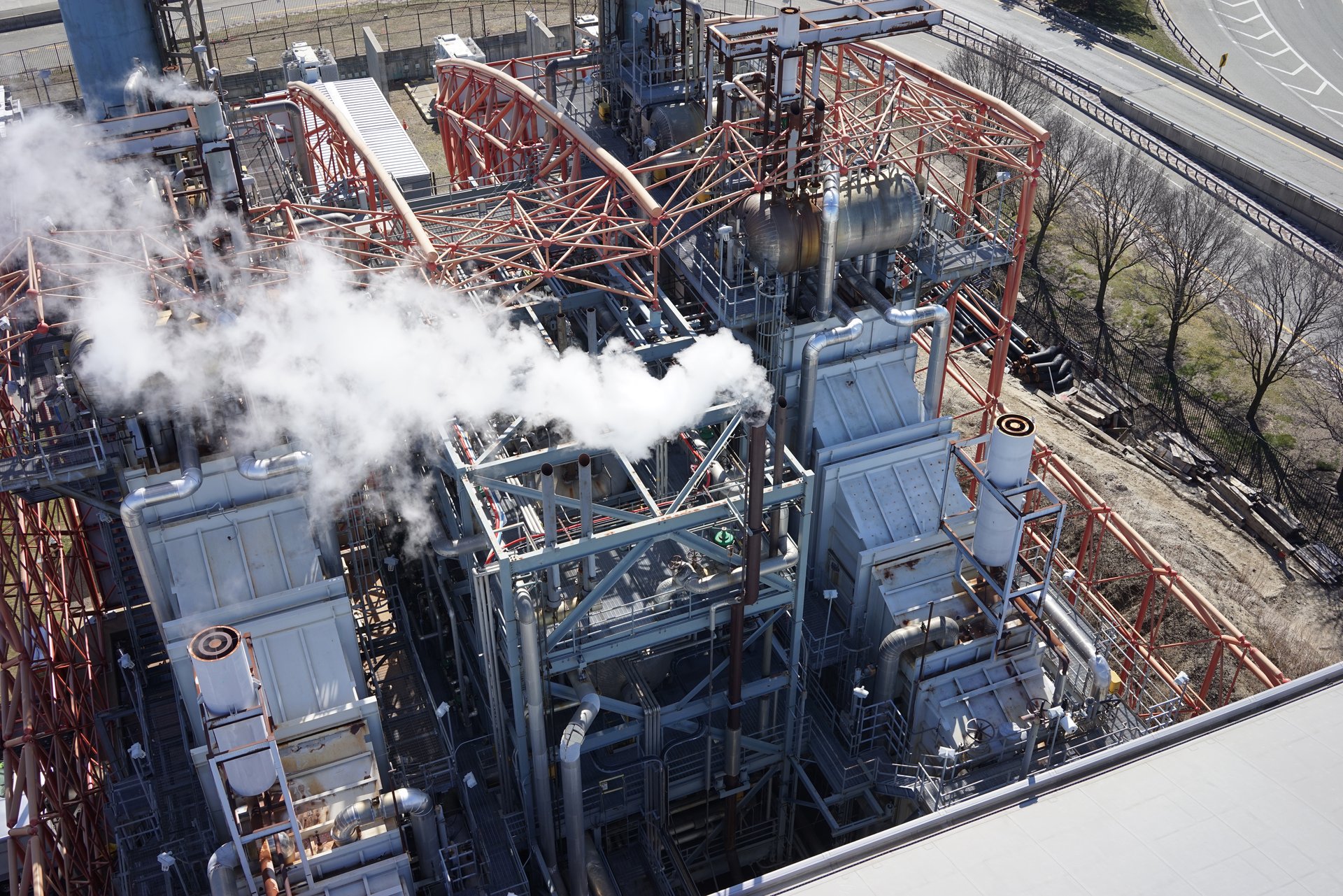 Drone close-up of JFK Co-Gen Plant equipment and structure detail