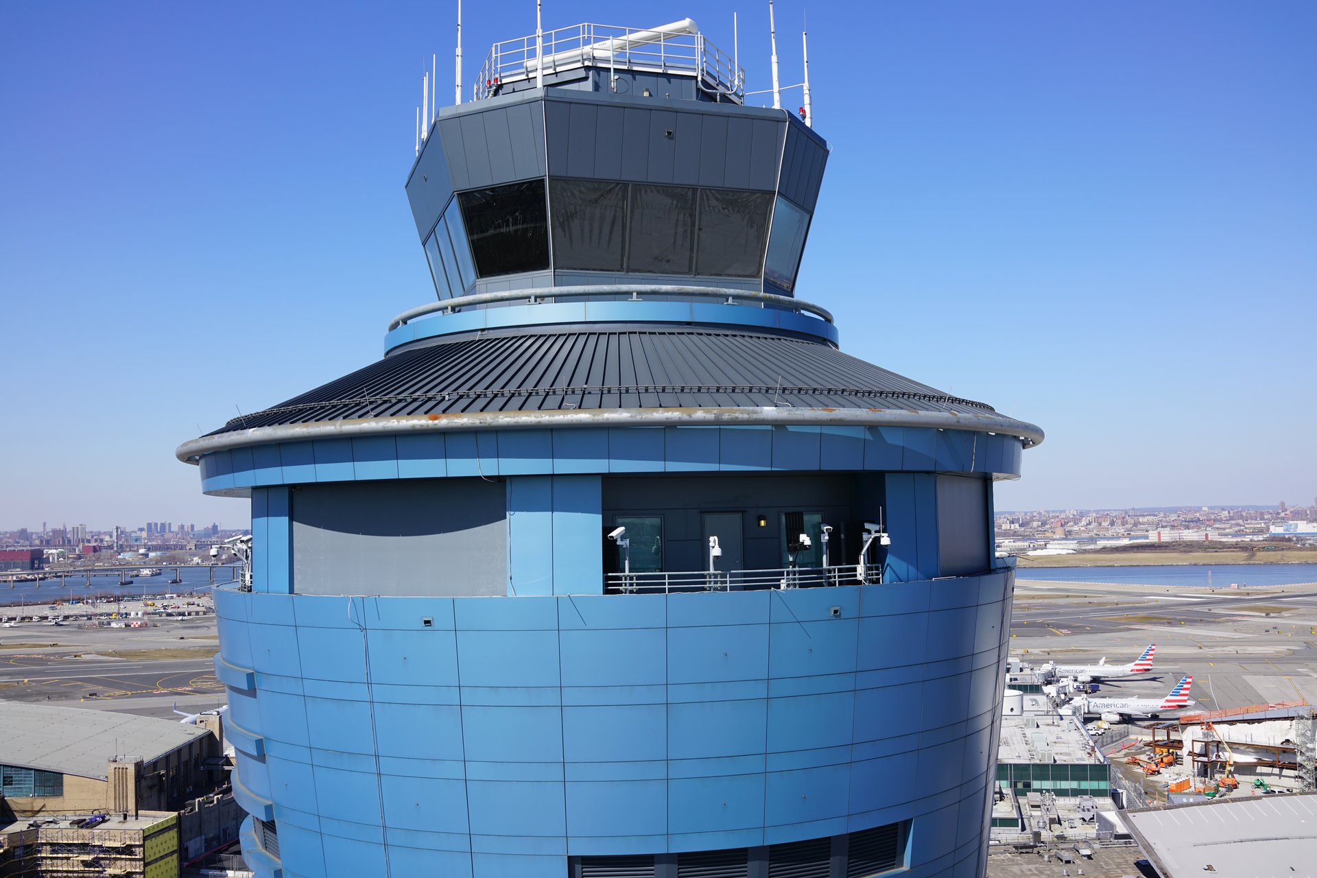 Aerial drone view of LaGuardia Airport control tower in Queens, New York