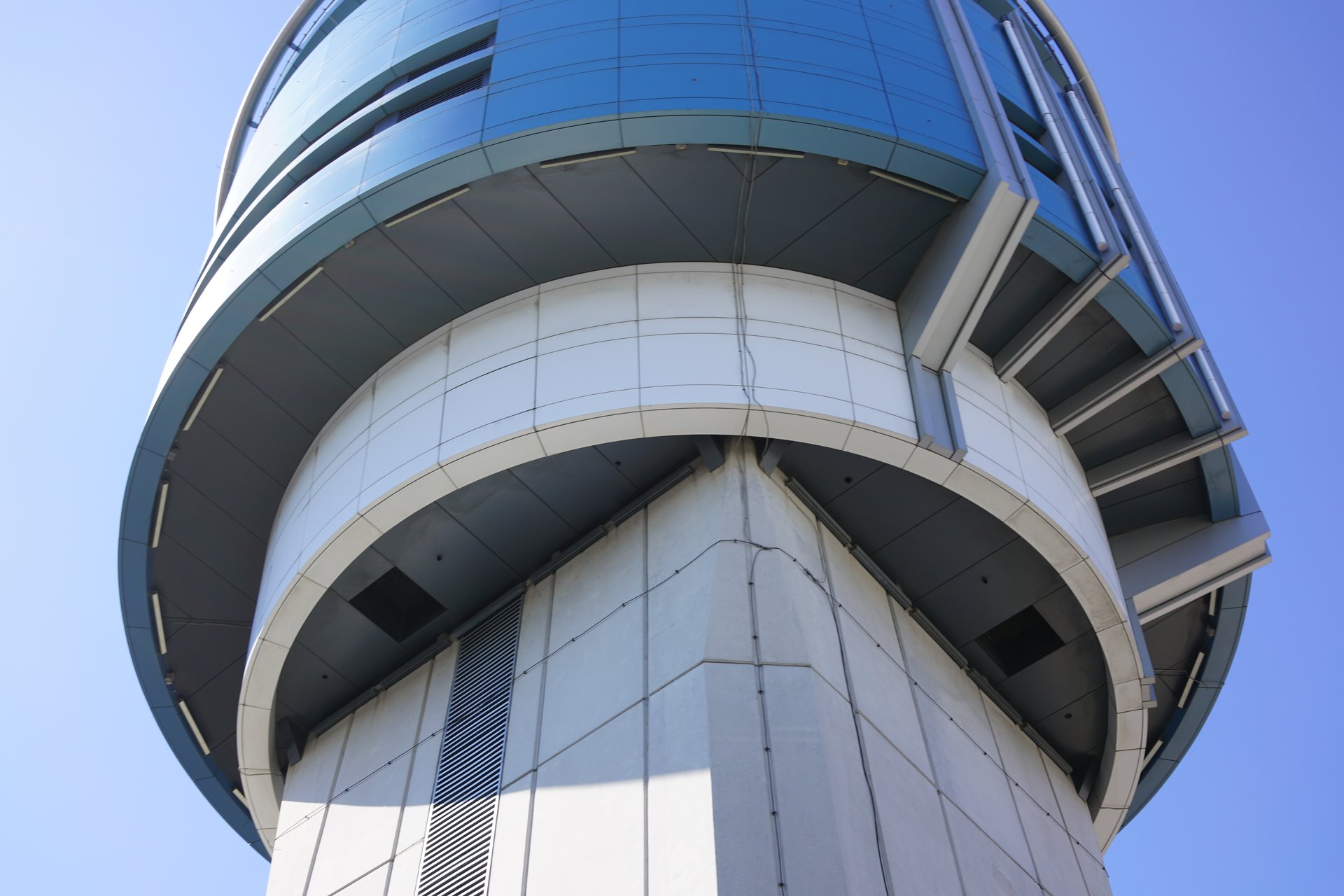 Drone close-up of LaGuardia Airport tower structural detail