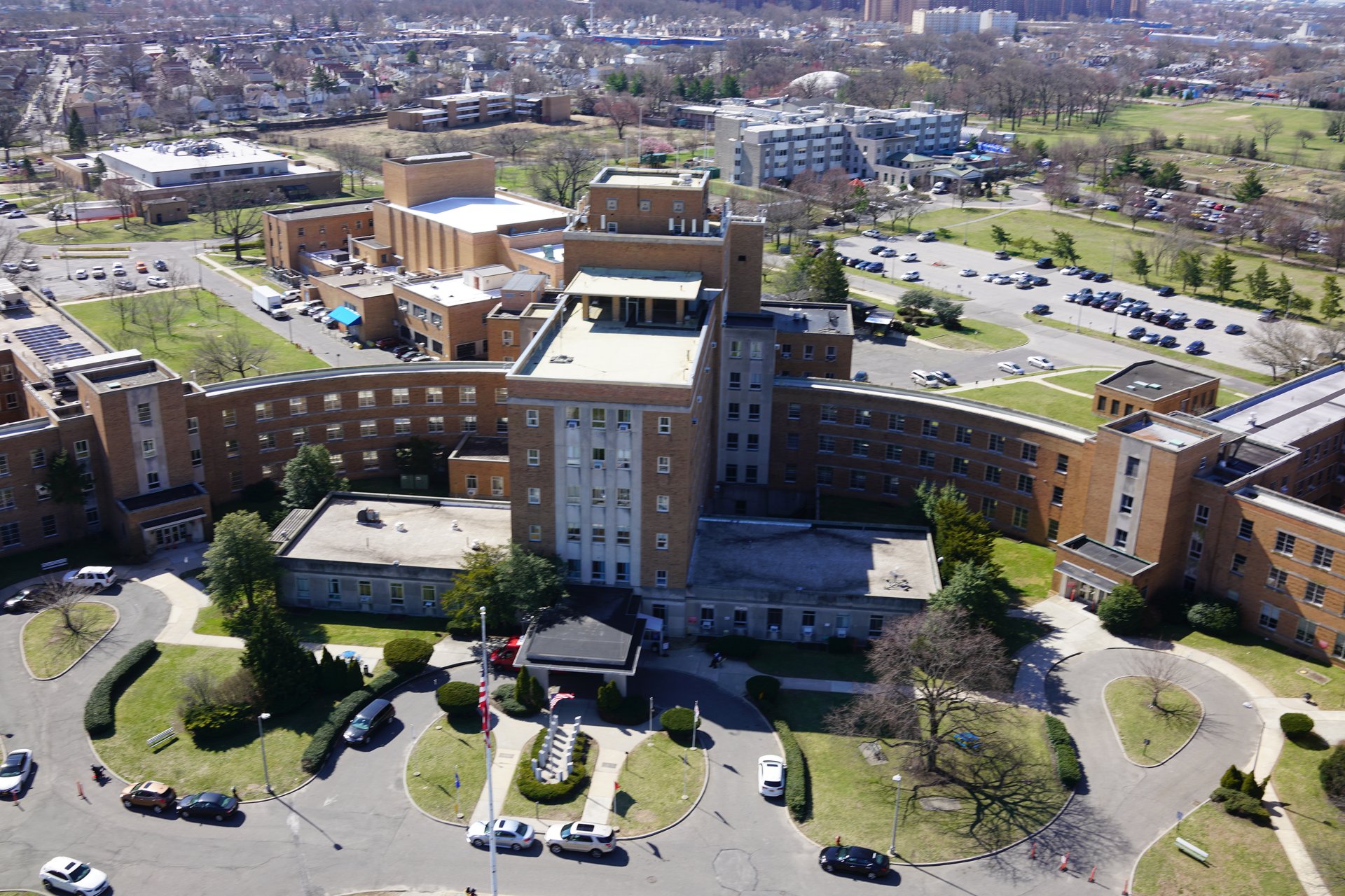 Aerial drone view of VA St. Albans Building 89 campus in Queens, New York